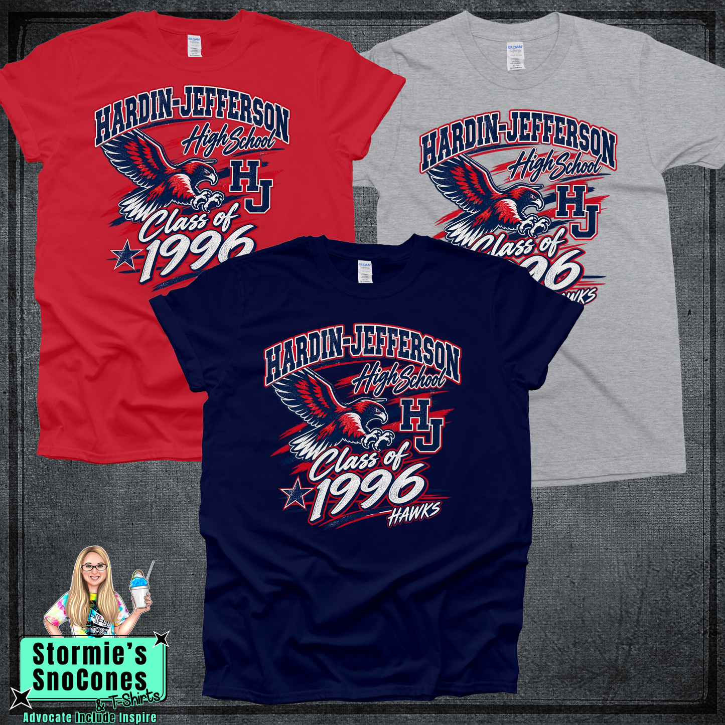 Hardin Jefferson Class of 1996 Flying Hawk Navy Gildan Softstyle Comfort Colors Dryfit Shirt