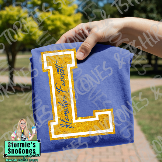 Hampshire Fannett Longhorns Big Initial Faux Glitter Navy Gildan Comfort Colors Bella Canvas Shirt