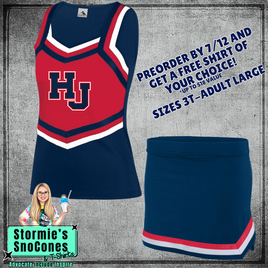 HJ Hawks custom navy red white cheer outfit 2026