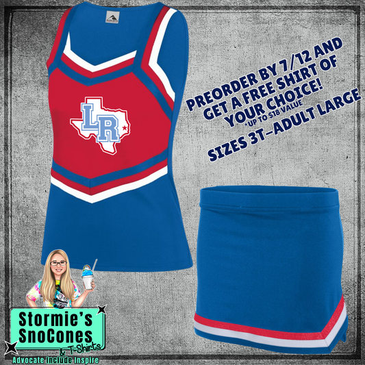 Lumberton Raiders Custom Blue Red Cheer Outfit 2026 Preorder