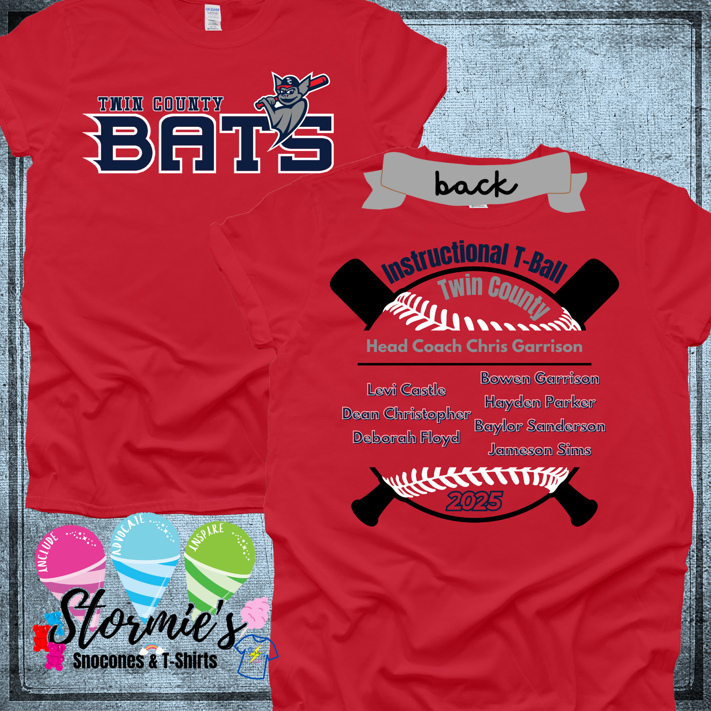 Bats Instructional T-Ball Twin County 2025 Red Shirt