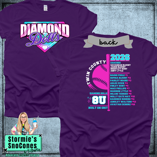 Diamond Dolls 8U Twin County 2026 Purple Shirt