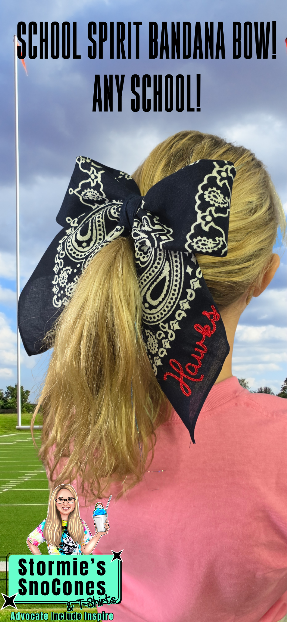 School Spirit Embroidered Bandana Bow Any School - Alligator Clip
