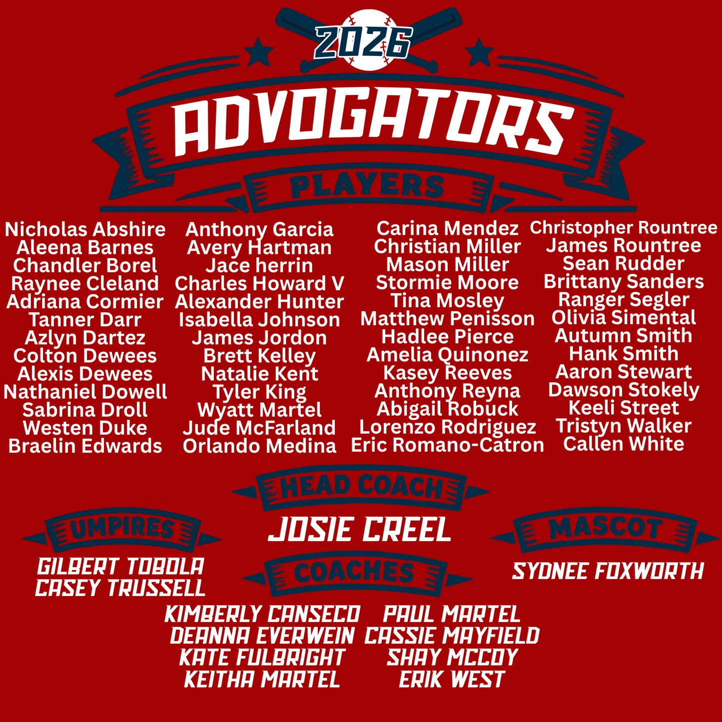 Advogators Baseball Team ROSTER 2026 Red Gildan Comfort Colors Bella Canvas Shirt