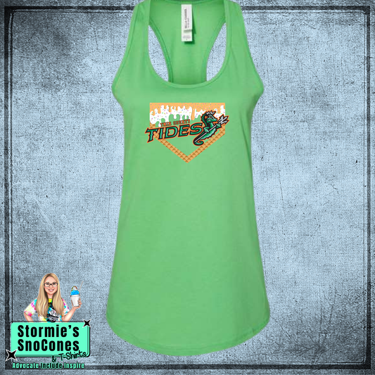 Tides Baseball Drip Bella Racer Back Green Tank Top