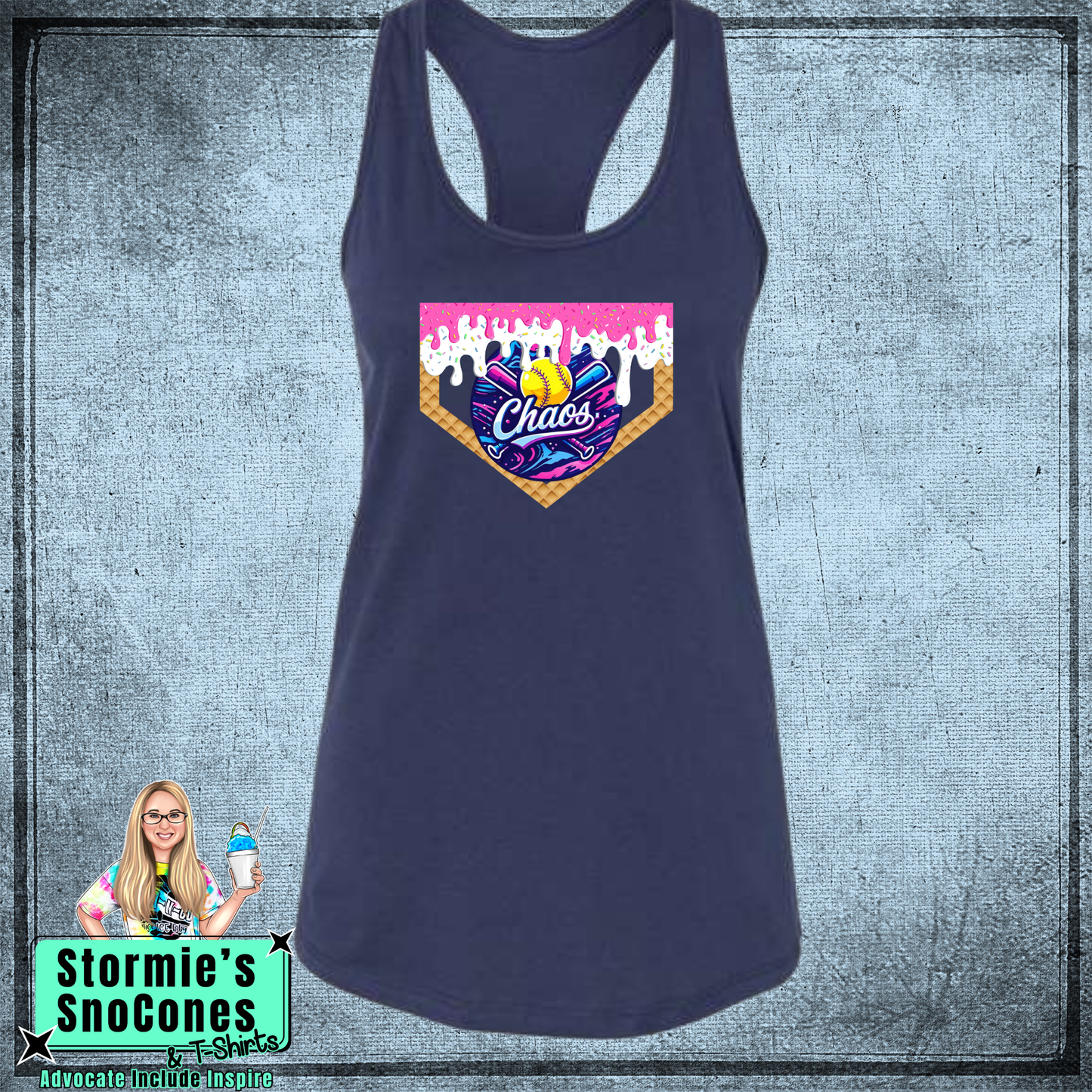 Chaos Baseball Drip Twin County Bella Racer Back Navy Tank Top