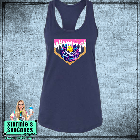 Chaos Baseball Drip Twin County Bella Racer Back Navy Tank Top