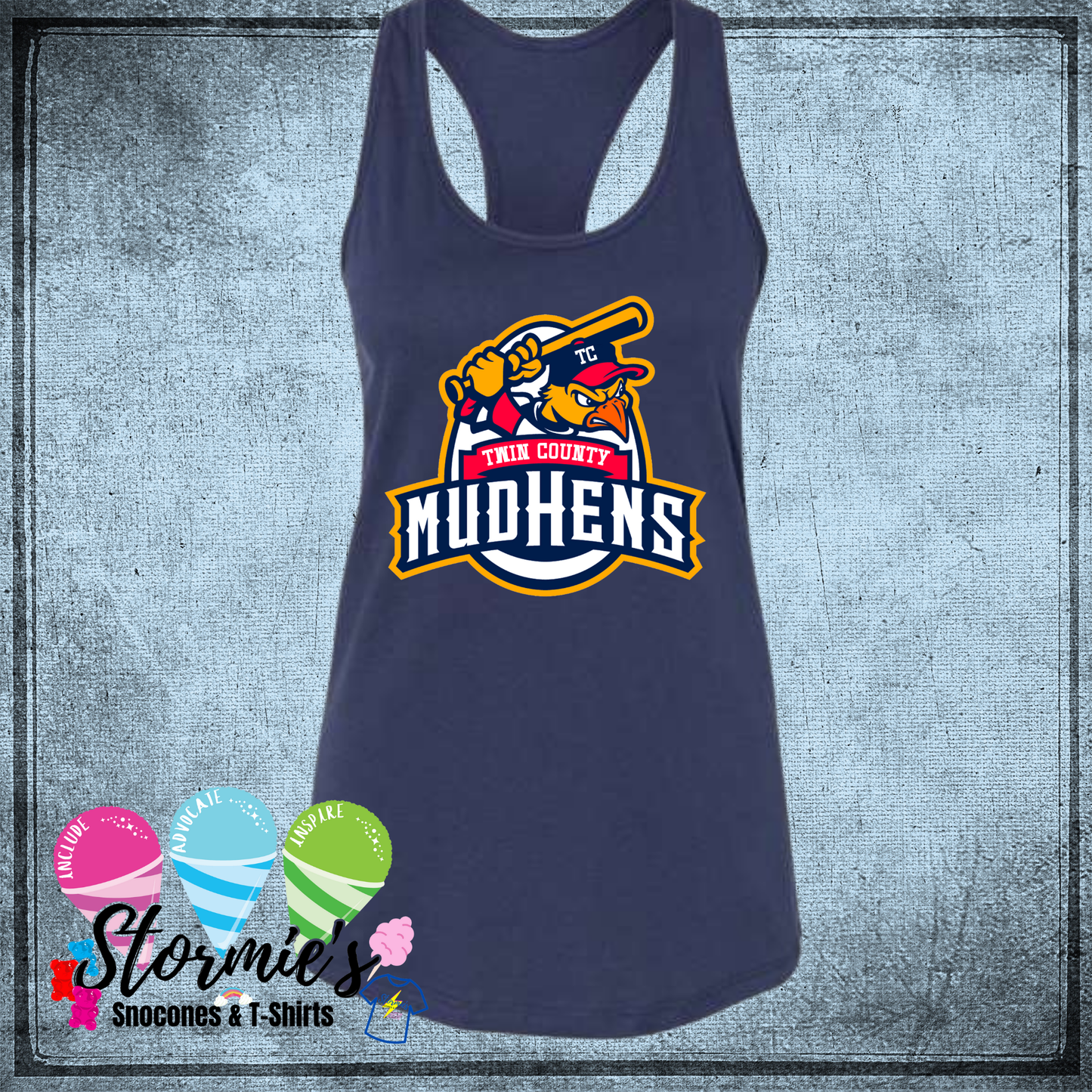 Mudhens Twin County 2025 Bella Racer Back Navy Tank Top