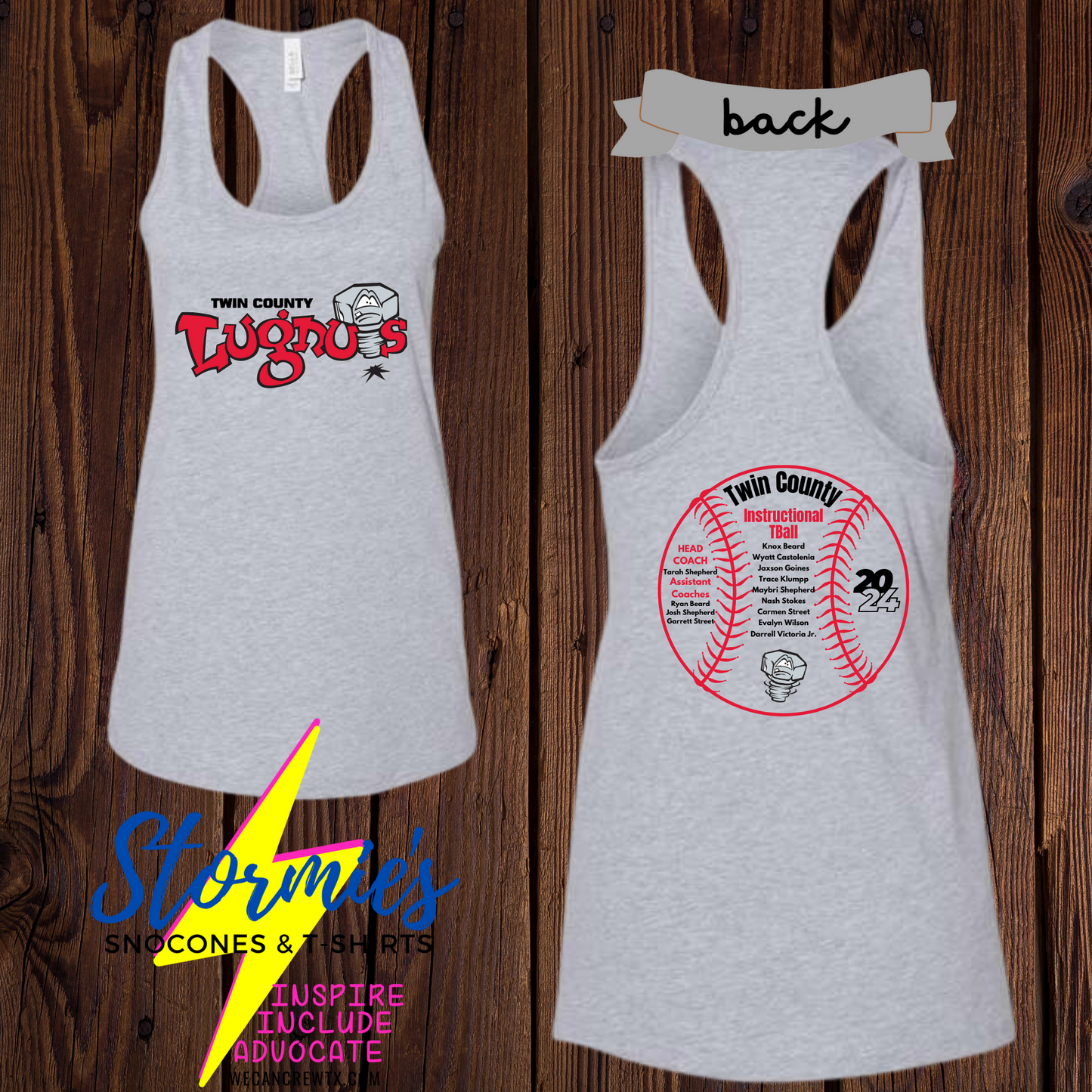 Lugnuts Instructional Tball Twin County 2024 Bella Racer Back Tank Top