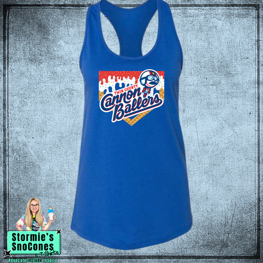 Cannon Ballers Baseball Drip Bella Racer Back Royal Blue Tank Top