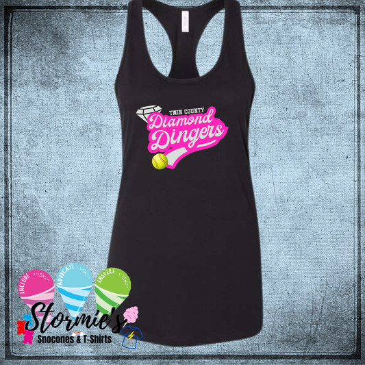 Diamond Dingers Softball Twin County 2025 Bella Racer Back Black Tank Top