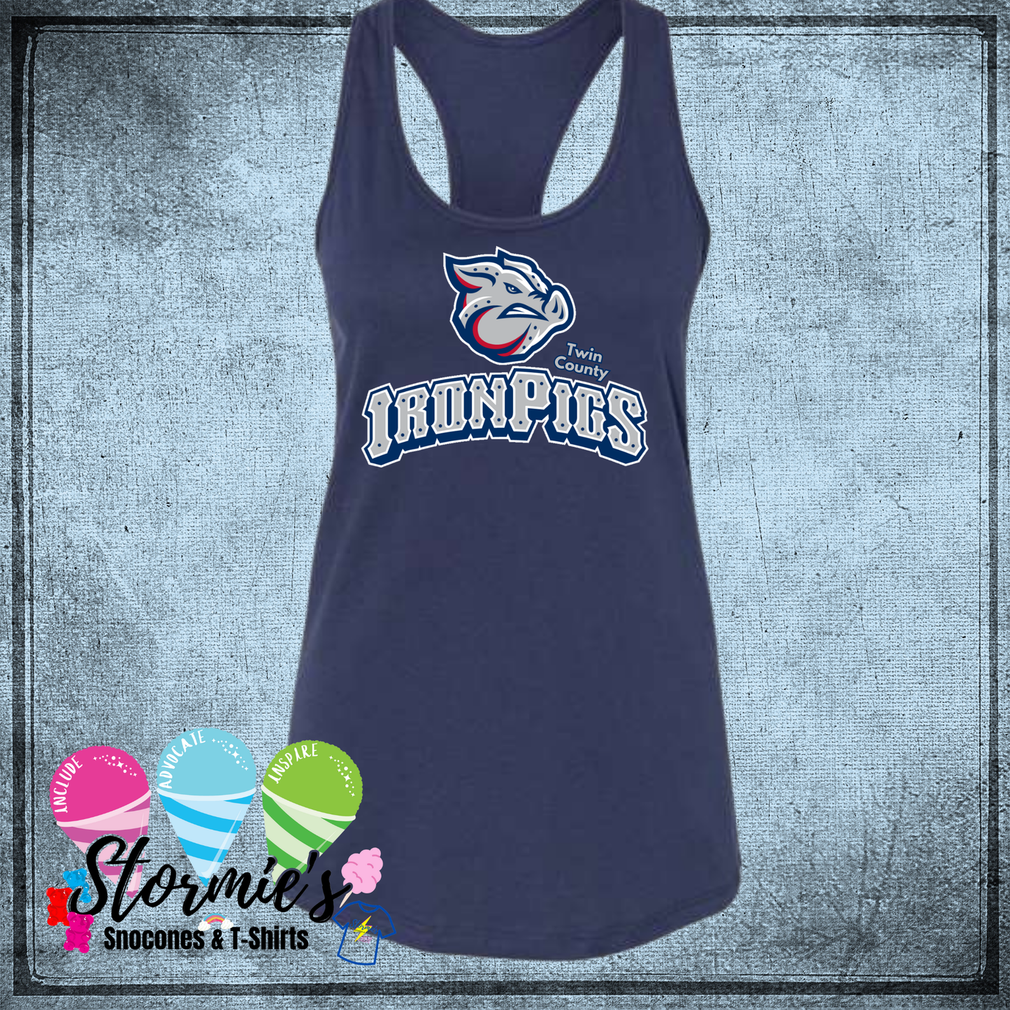 Iron Pigs Twin County 2025 Bella Racer Back Navy Tank Top