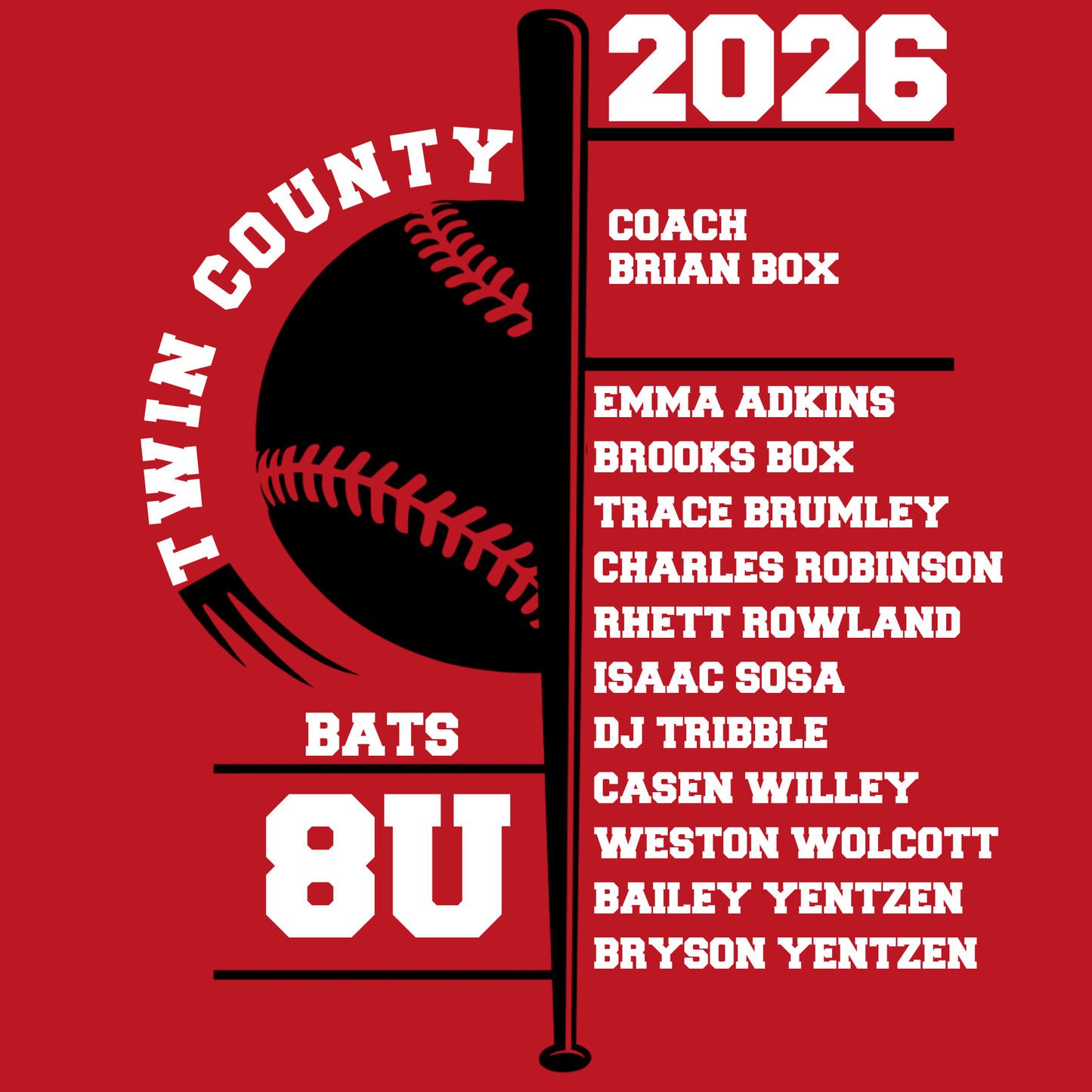 Bats 8U Twin County 2026 Red Shirt