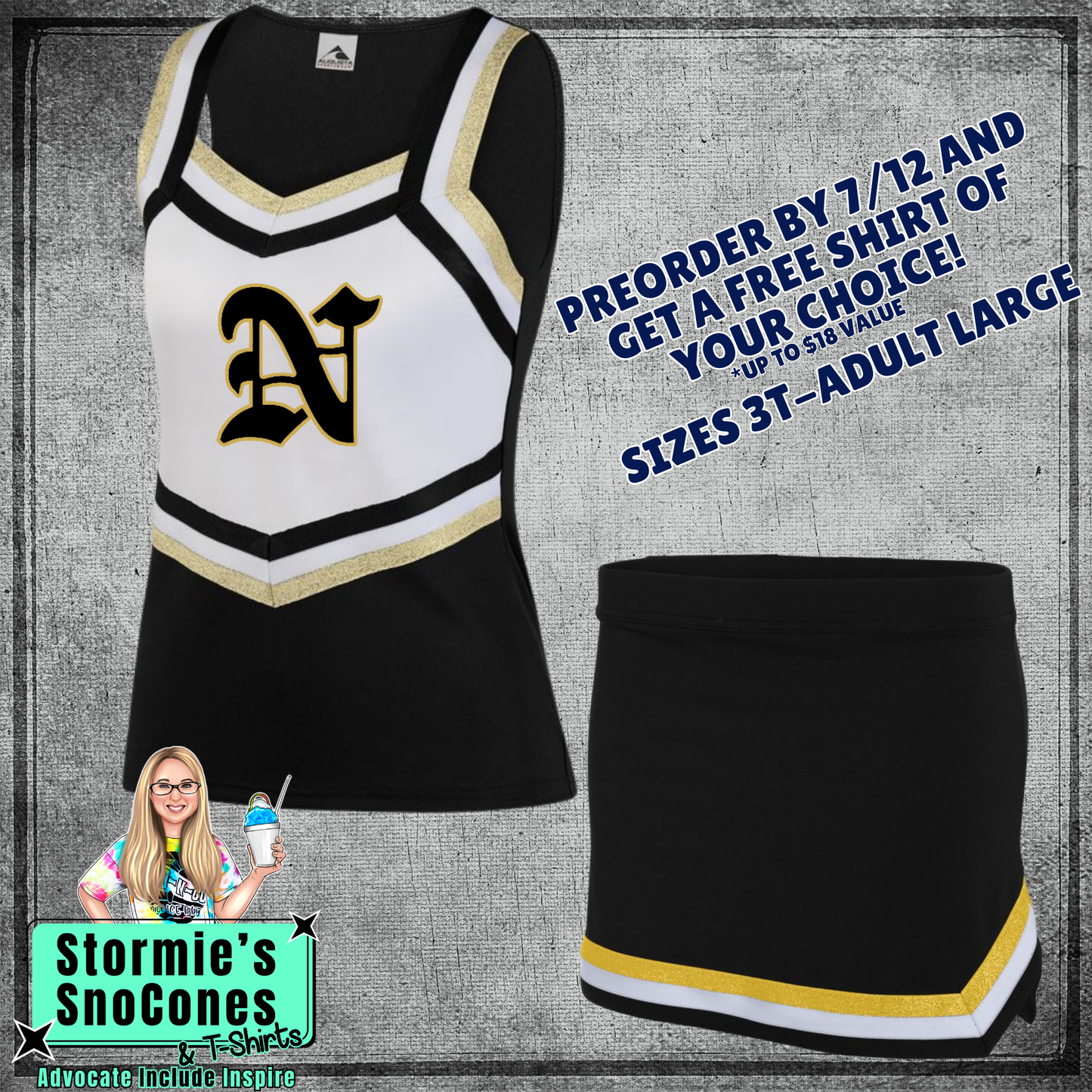 Nederland Bulldogs Custom Black Gold Cheer Outfit 2026 Preorder