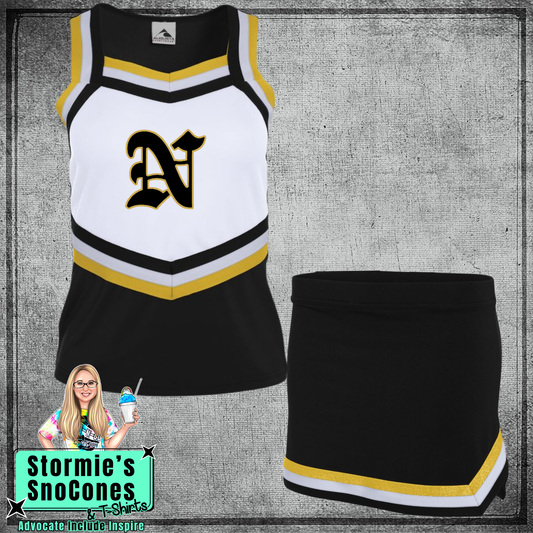 Nederland Bulldogs Custom Black Gold Cheer Outfit 2026 Preorder