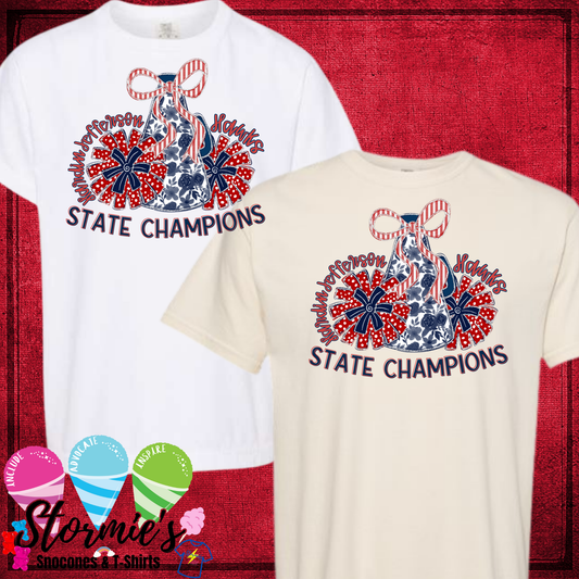 STATE CHAMPIONS HJ Hawks Bow Cheer Megaphone and Pompoms Comfort Colors Bella Canvas Shirt