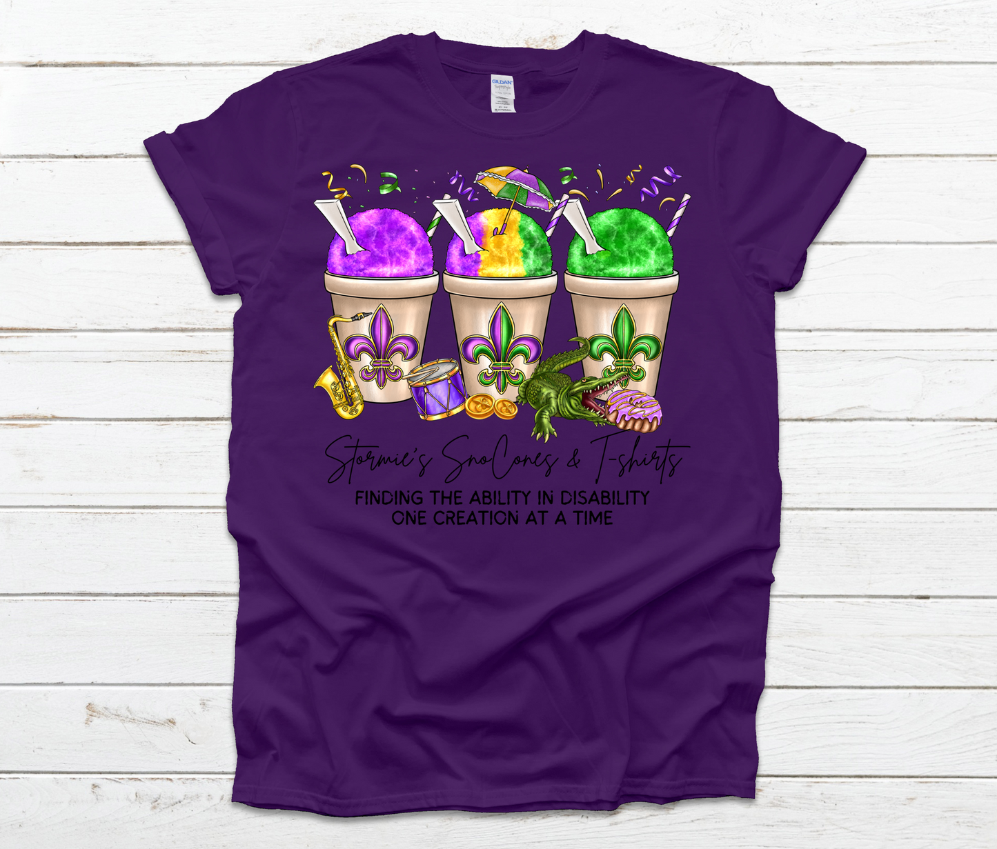 Stormie's Snoballs Mardi Gras Cotton & Softstyle Purple Shirt