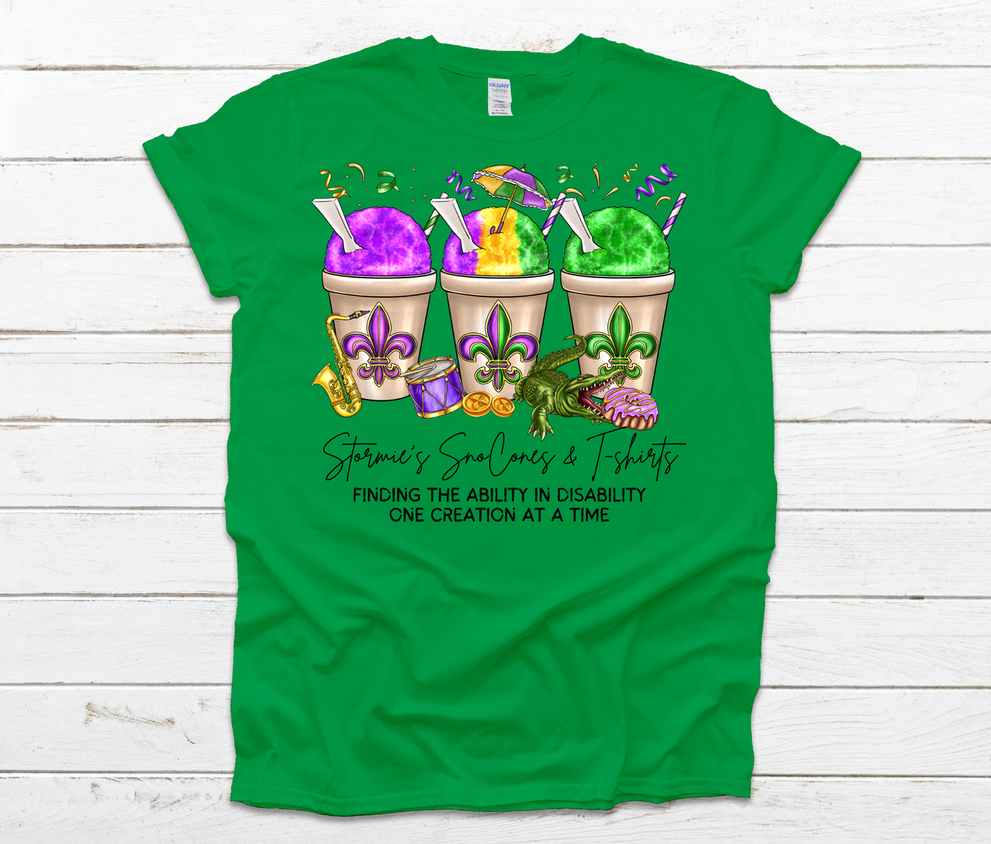 Stormie's Snoballs Mardi Gras Cotton & Softstyle Purple Shirt