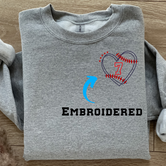 Baseball Softball Heart With custom number Embroidered Sweatshirt & Hoodie