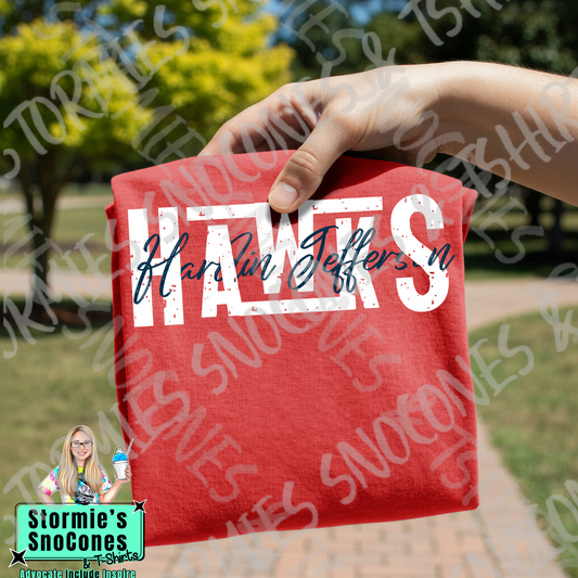 Hardin Jefferson Hawks Lines Cursive Weave Red Gildan Comfort Colors Bella Canvas Shirt