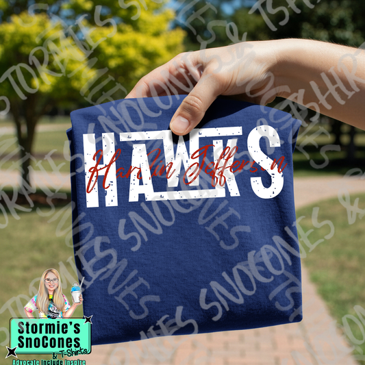 Hardin Jefferson Hawks Lines Cursive Weave Navy Gildan Comfort Colors Bella Canvas Shirt