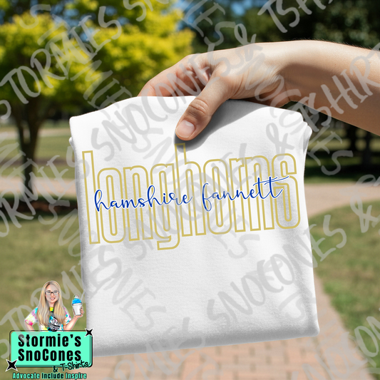 Hamshire Fannett Longhorns Lowercase Block and Cursive White Gildan Comfort Colors Bella Canvas Shirt