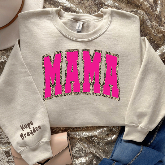 Pink Cheetah Mama YOUR CHILD'S NAME ON SLEEVE Sand Sweatshirt