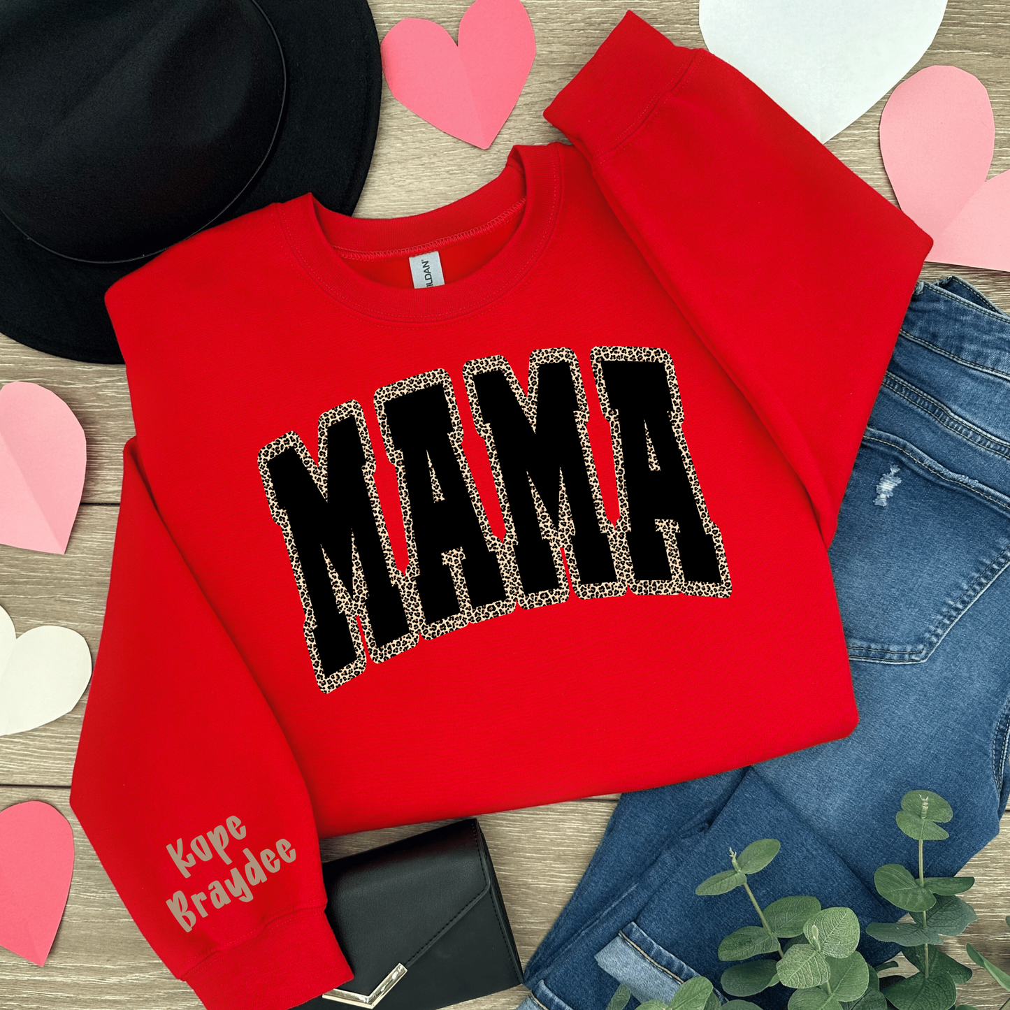 Cheetah Black Mama YOUR CHILD'S NAME ON SLEEVE Red Sweatshirt