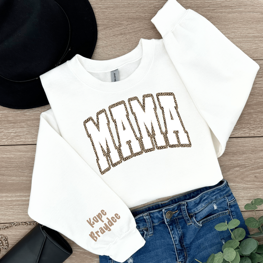 Cheetah White Mama YOUR CHILD'S NAME ON SLEEVE White Sweatshirt