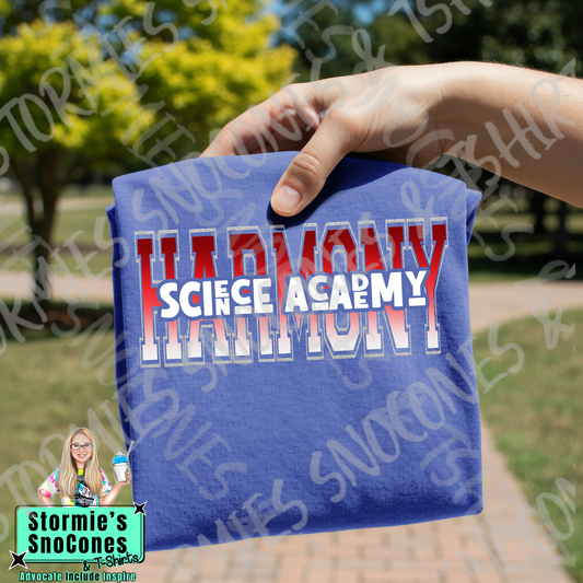 Harmony Science Academy letter split retro stack Blue Gildan Comfort Colors Bella Canvas Shirt