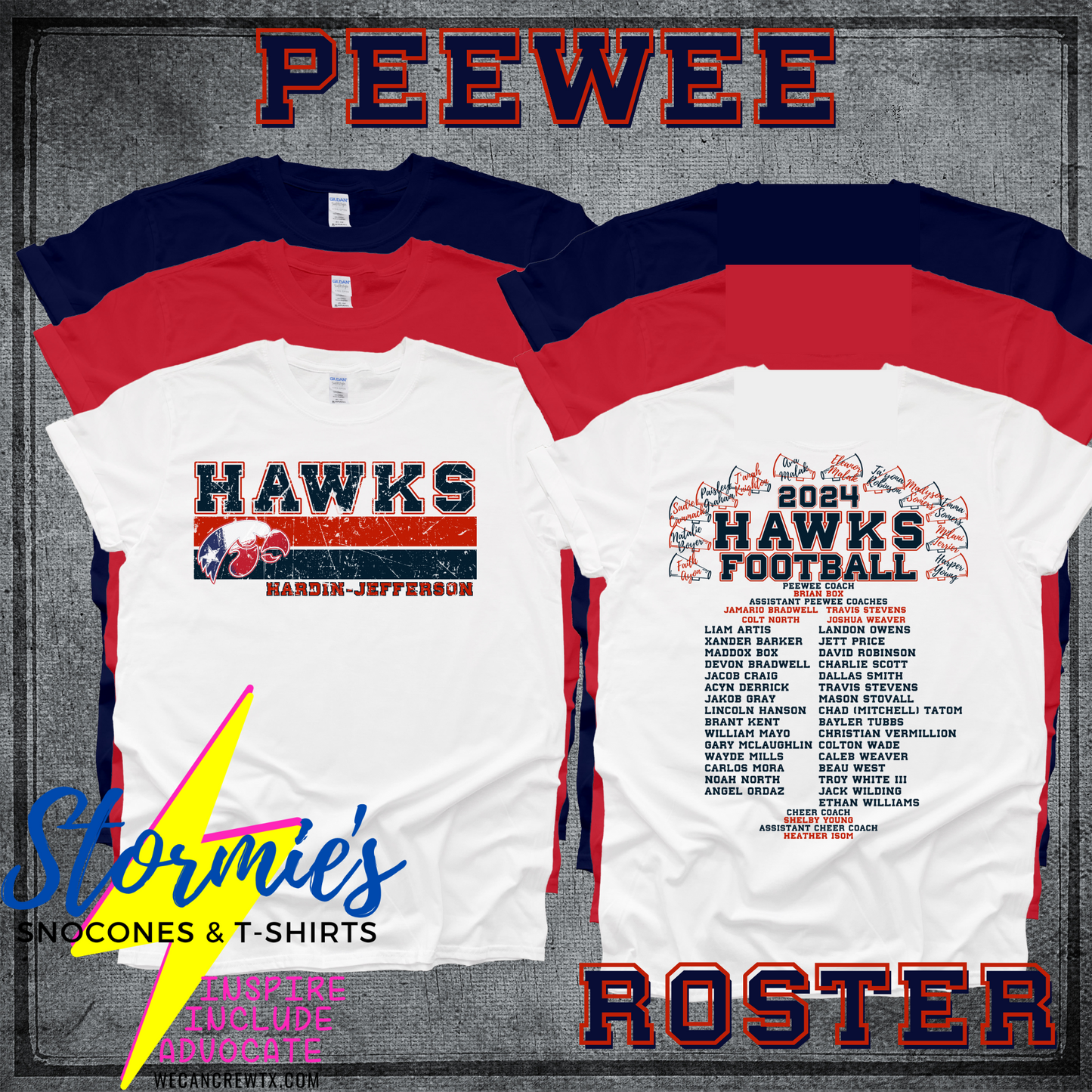 Hawks Peewee Football-Cheer Football 2024 Fundraiser ROSTER Shirt