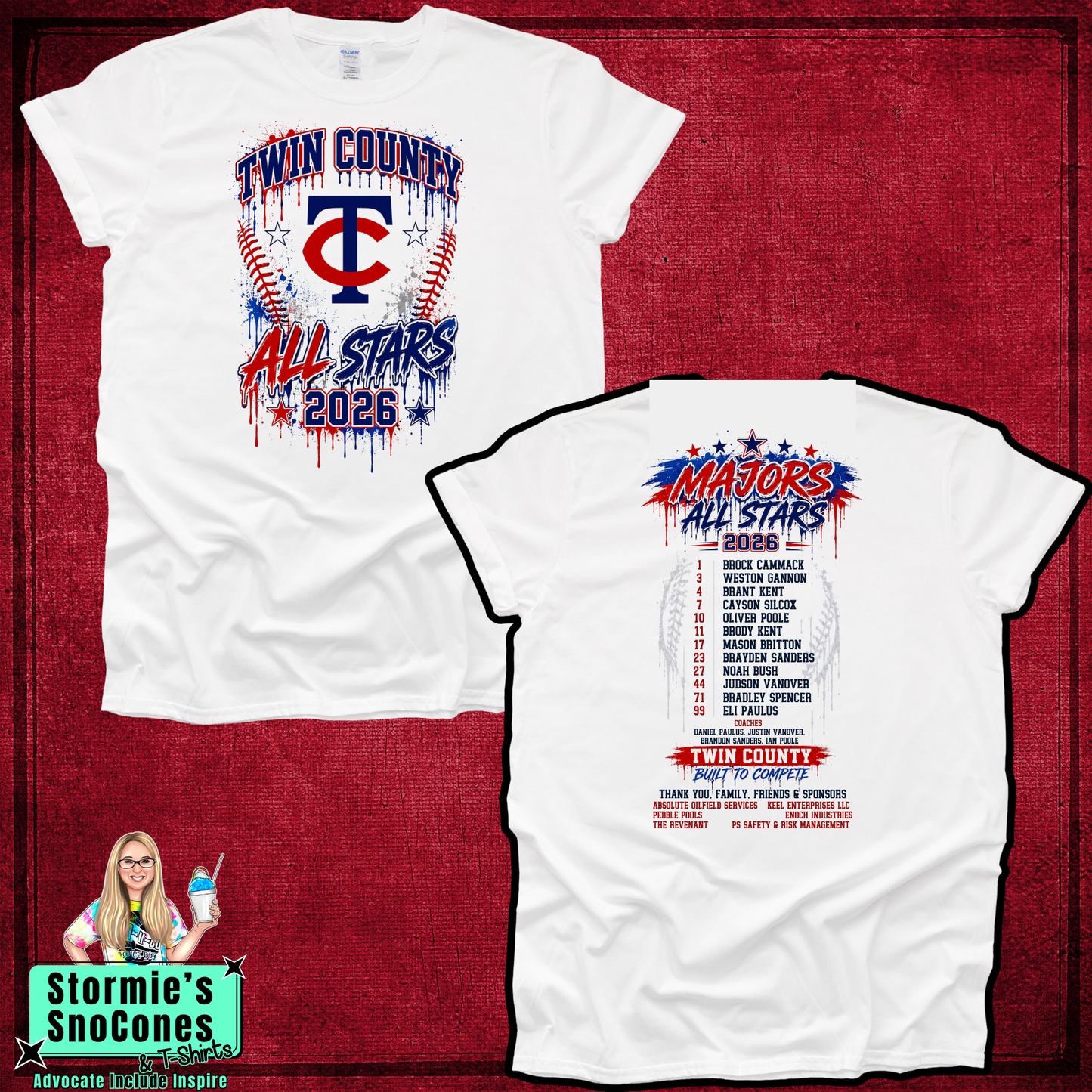 Twin County All-Stars Majors 2026 Splatter White Shirt