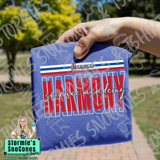 Harmony Science Academy Layered Outline Cursive Blue Gildan Comfort Colors Bella Canvas Shirt