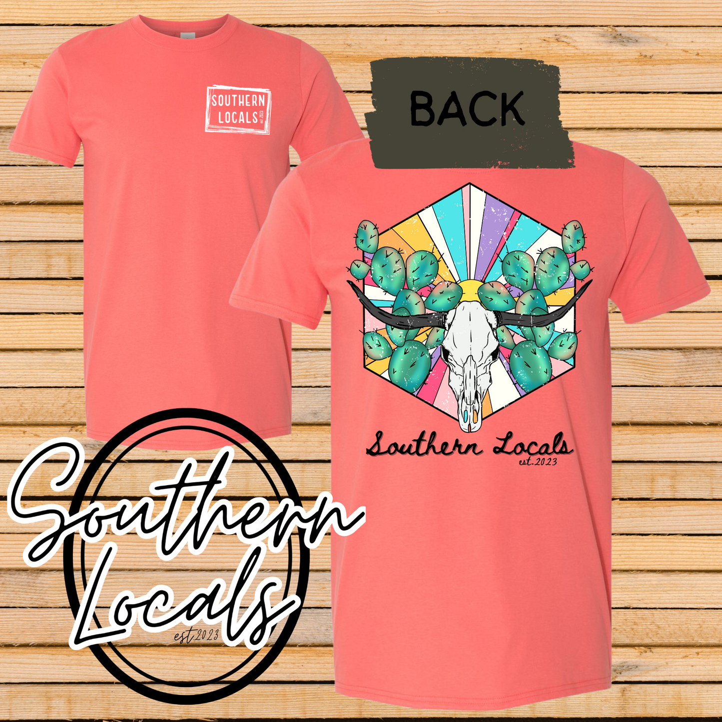 Southern Locals Bull Skull Cactus SoftStyle Shirt coral